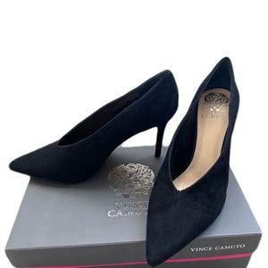 NEW Vince  Camuto Ankia Black True Suede. Stored in plastic in box. 3.5” heel.